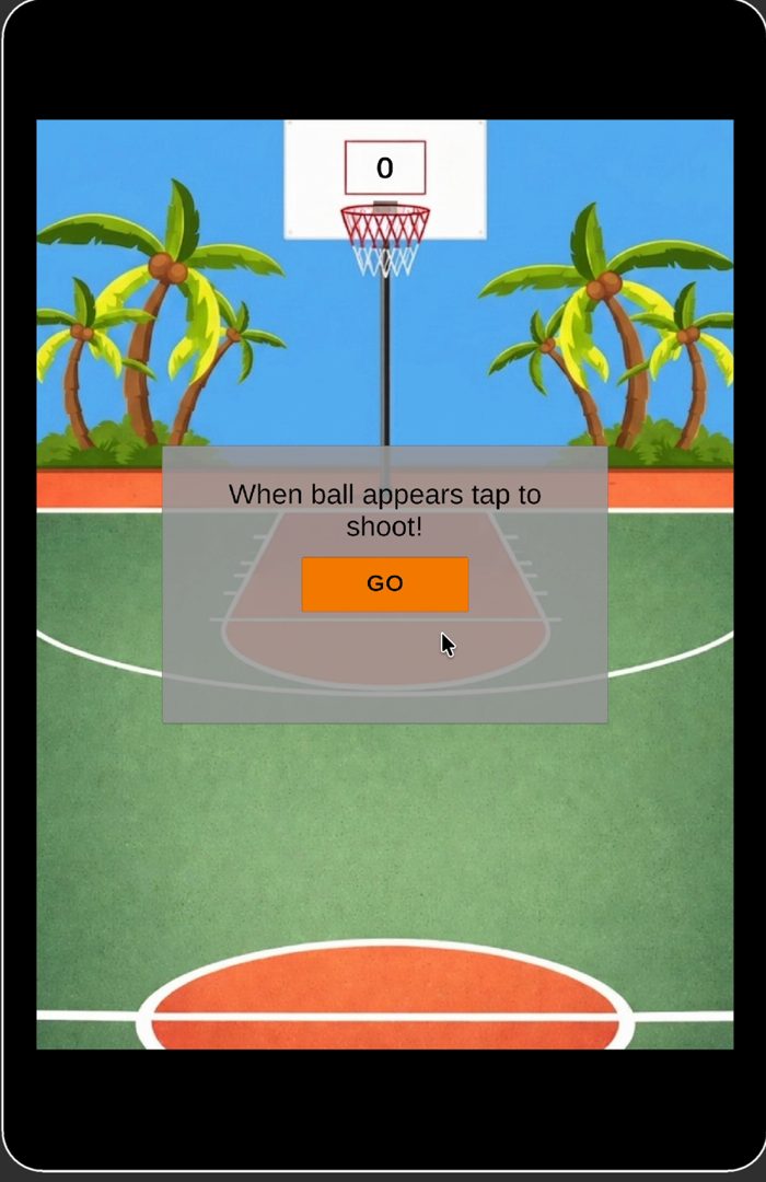 Early 2D basketball prototype with the instruction: when ball appears tap to shoot