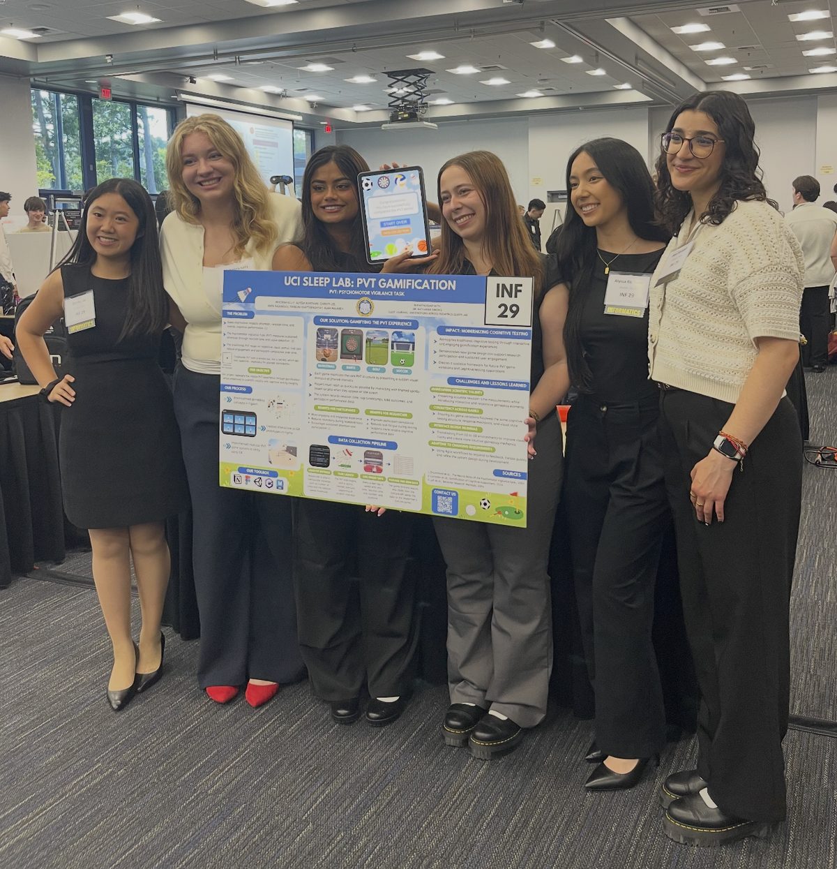 The six-person team holding the UCI Sleep Lab PVT Gamification poster