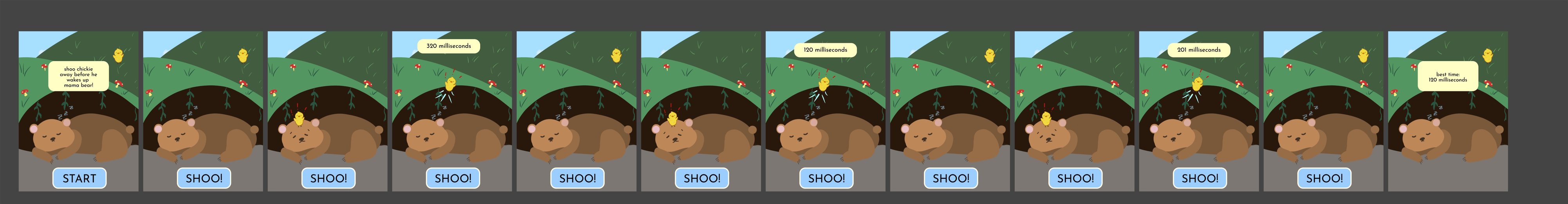 Sleepy Bear storyboard: tap SHOO when the chick lands on the sleeping bear, with reaction times shown